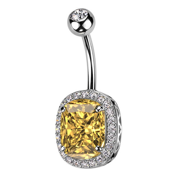 Paved Oval Belly Ring Belly Ring 14g - 3/8" long (10mm) Stainless w/ Clear & Yellow CZs