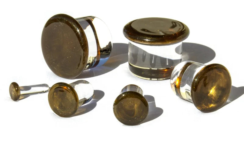 Sparkle Brown Single Flare Glass Plugs Stretched Lobes 12 gauge (2mm) Sparkle Brown