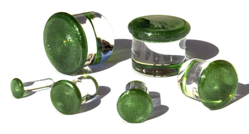 Sparkle Green Single Flare Glass Plugs Stretched Lobes 12 gauge (2mm) Sparkle Green