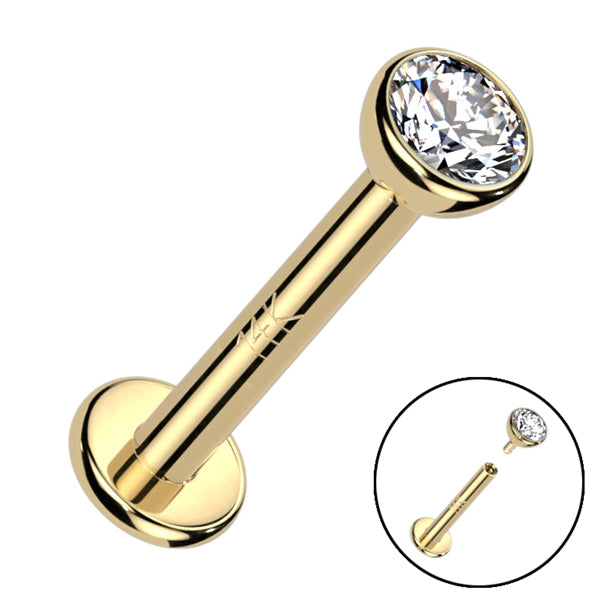 16g Bezel CZ Yellow 14k Gold Labret Labrets 16g - 1/4" long (6mm) Solid 14k Yellow Gold