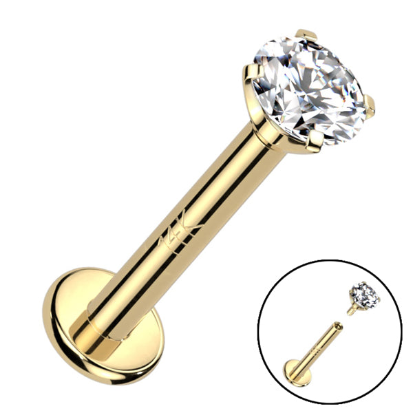 16g Prong CZ Yellow 14k Gold Labret Labrets 16g - 1/4" long (6mm) Solid 14k Yellow Gold