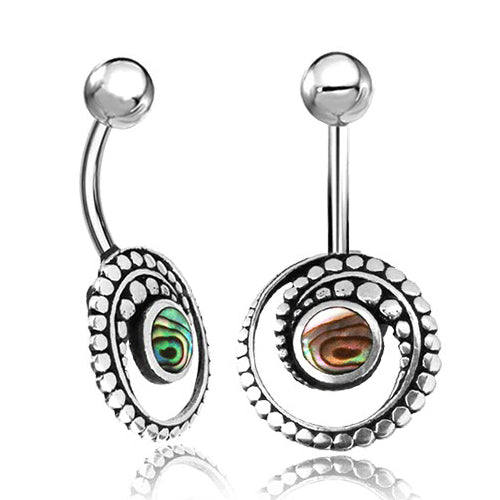 Spiral Sterling Silver Belly Barbell Belly Ring 14g - 3/8" long (10mm) Abalone