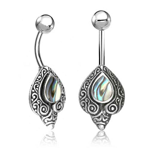 Teardrop Inlay Sterling Silver Belly Barbell Belly Ring 14g - 3/8" long (10mm) Abalone