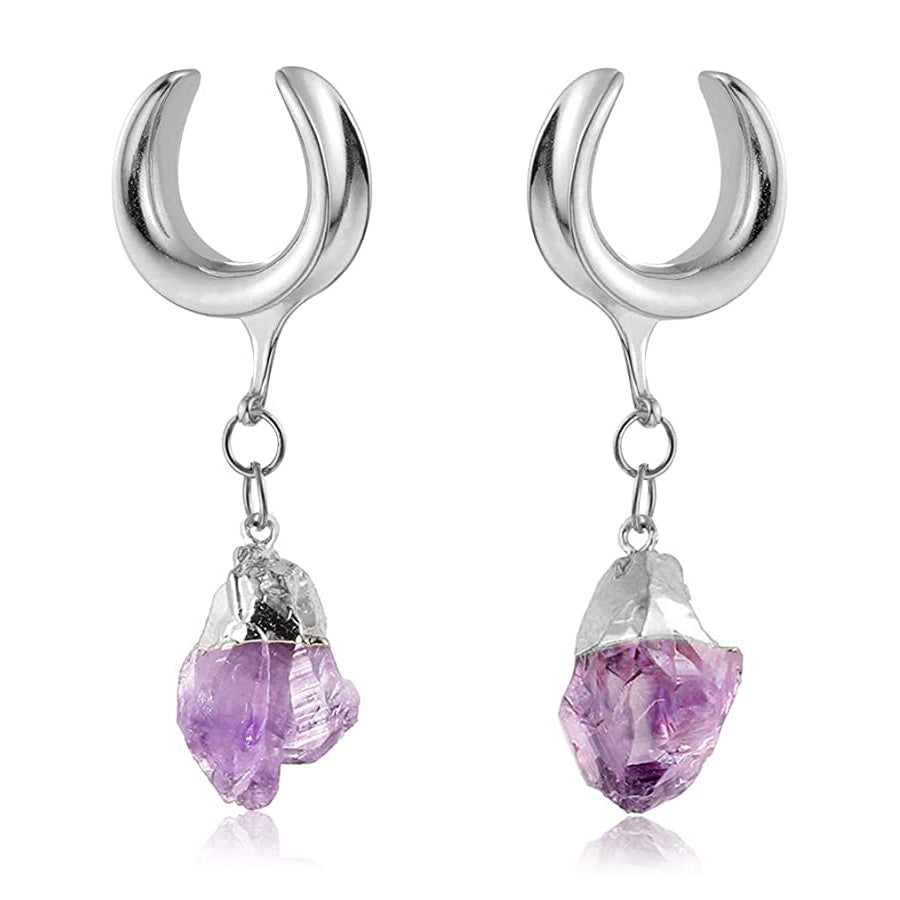 Amethyst Dangle Stainless Saddle Spreaders Plugs 1/2 inch (12mm) Stainless Steel