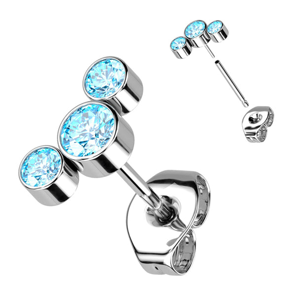 Triple CZ Titanium Stud Earrings Earrings 20 gauge Aqua CZ