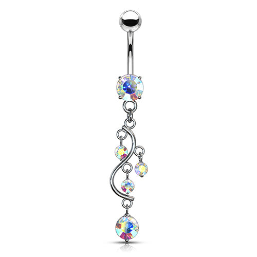 Vine CZ Belly Dangle Belly Ring 14g - 3/8" long (10mm) Opalescent