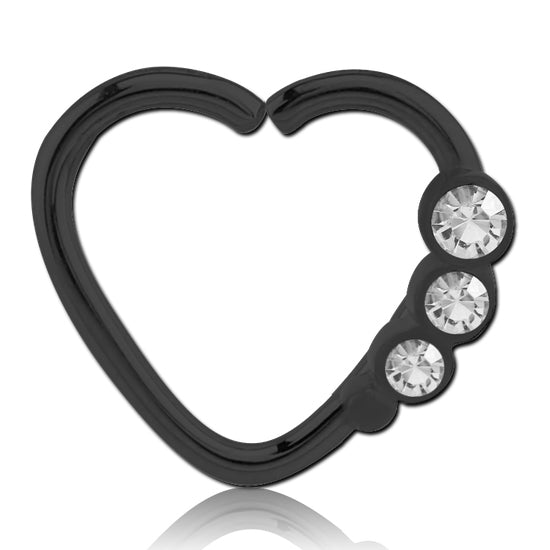 Triple CZ Heart Black Continuous Ring Continuous Rings 16g - 3/8" diameter (10mm) Black