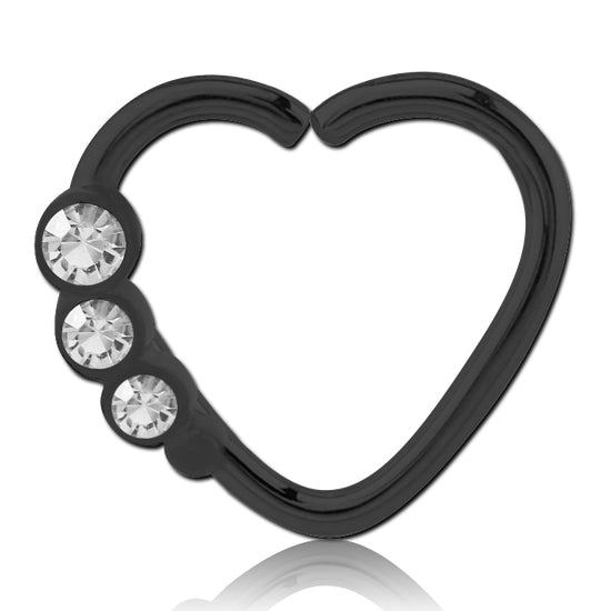 Triple CZ Heart Black Continuous Ring Continuous Rings 16g - 3/8" diameter (10mm) Black