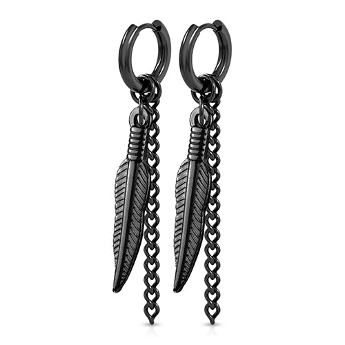 Feather & Chain Hoop Earrings Earrings 18g - 5/16" diameter (8mm) Black