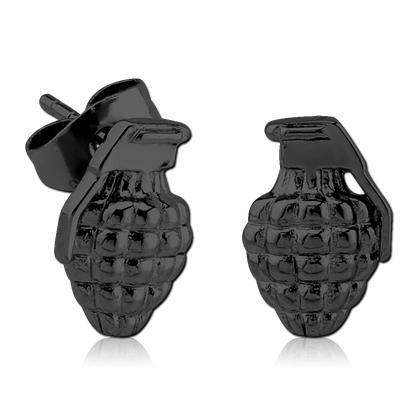 Hand Grenade Black Stud Earrings Earrings 20 gauge Black