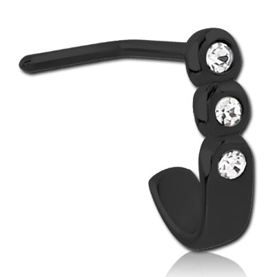 Triple CZ Black L-Bend Nose Hoop Nose 20g - 1/4" wearable (6.5mm) Black