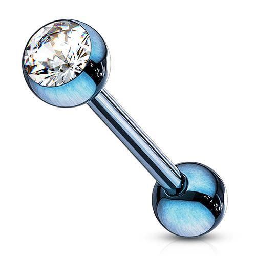 CZ PVD Coated Tongue Barbell Tongue 14g - 5/8" long (16mm) Blue w/ Clear CZ