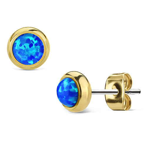 Opal Bezel Gold Stud Earrings Earrings 20g - 6mm opals Blue