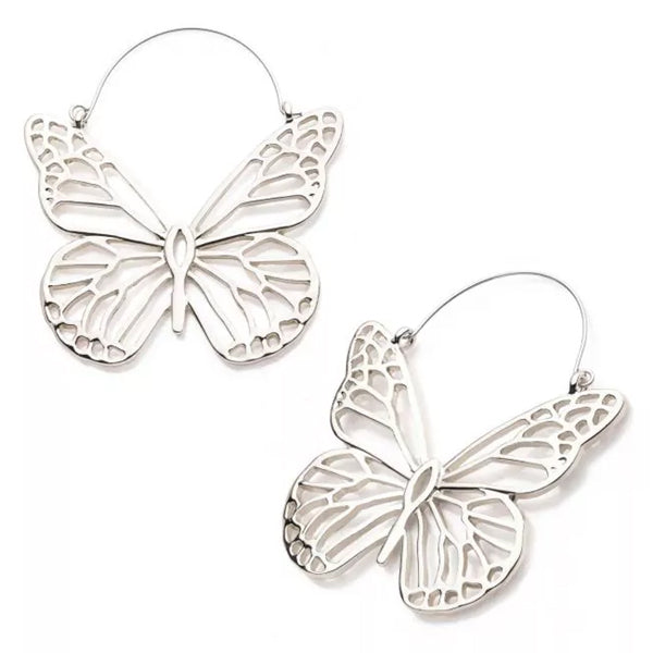 Butterfly Tunnel Hoops Earrings 20 gauge Silver