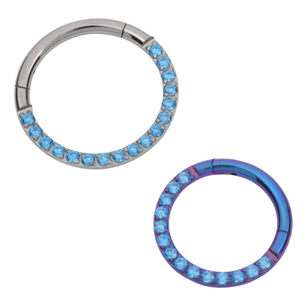 CZ Face Titanium Hinged Ring Hinged Rings 16g - 3/8" diameter (10mm) Aqua CZs