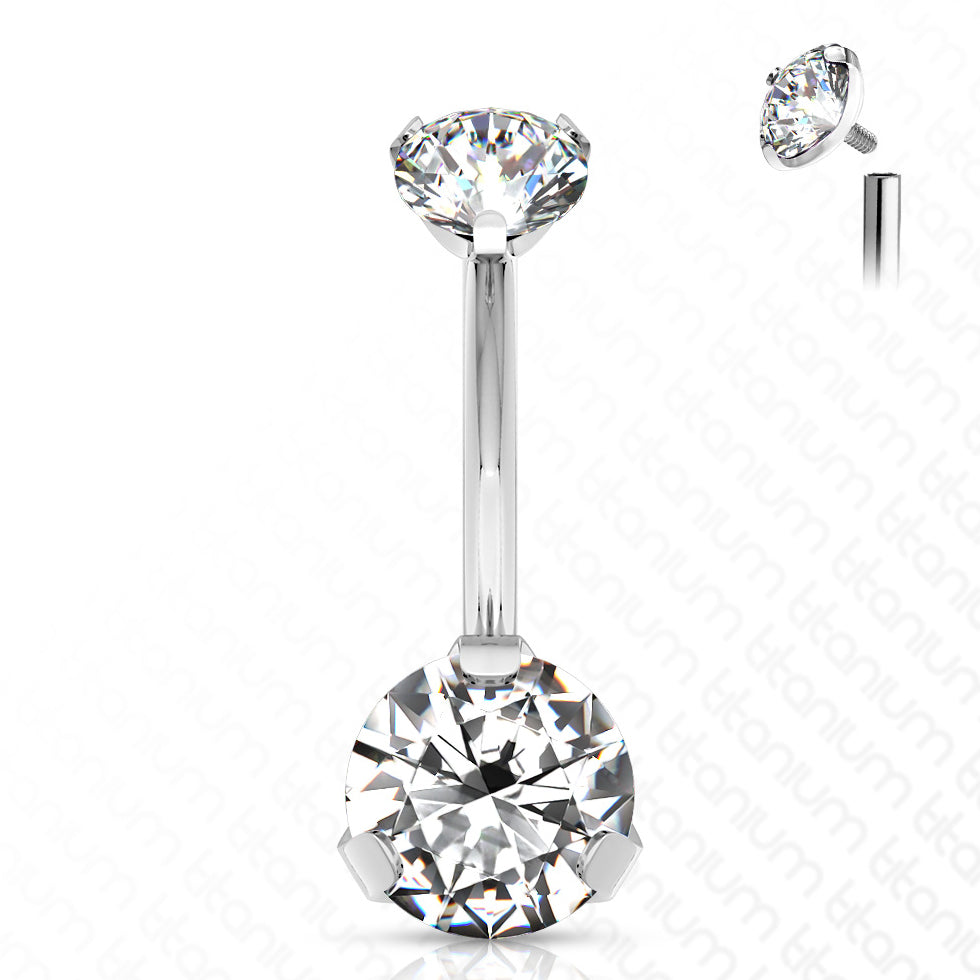 Prong CZ Titanium Belly Barbell Belly Ring 14g - 3/8" long (10mm) - 5&8mm ends Clear CZ