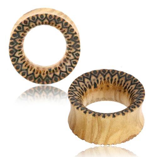 Engraved Olive Wood Tunnels Plugs 1/2-inch (12mm) Olive Wood