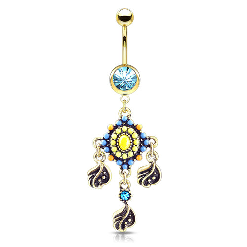 Tribal Bead Gold Belly Dangle Belly Ring 14 gauge - 3/8" long (10mm) Gold