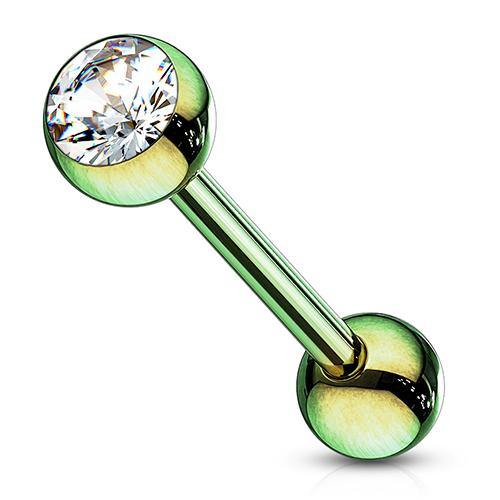 CZ PVD Coated Tongue Barbell Tongue 14g - 5/8" long (16mm) Green w/ Clear CZ