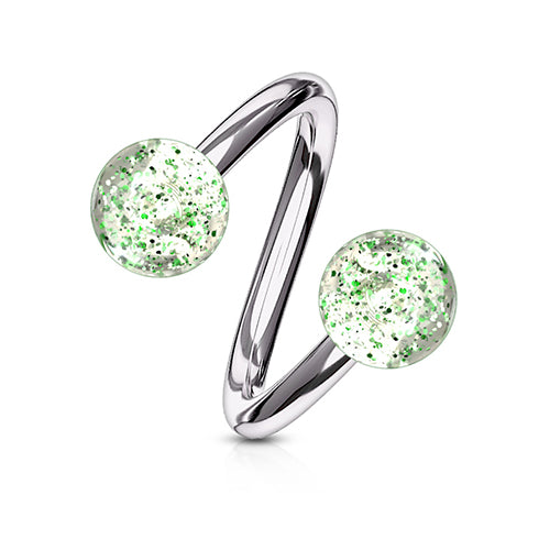 16g Super Glitter Spiral Barbell Spiral Barbells 16g - 3/8" diameter (10mm) - 4mm balls Green