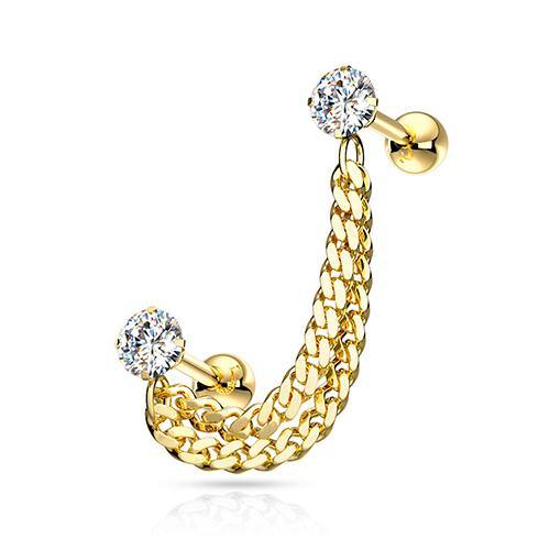 Gold Double Chained CZ Barbells Cartilage 16g 1/4