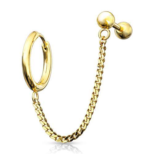 Gold Cartilage Ring & Chained Barbell Cartilage 16g 1/4" barbell & 18g 3/8" ring Gold