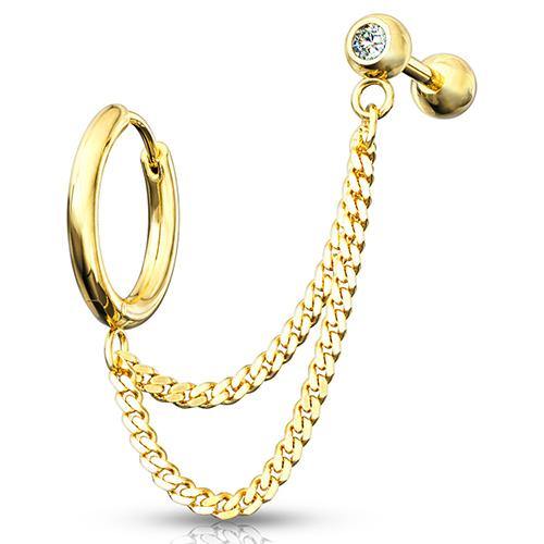 Gold Cartilage Ring & Double Chained CZ Barbell Cartilage 16g 1/4" barbell & 18g 3/8" ring Gold