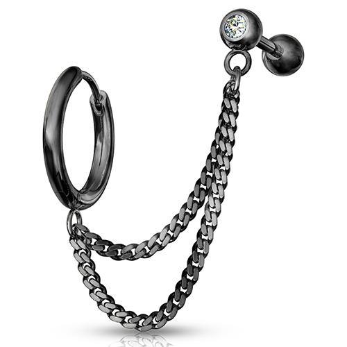Black Cartilage Ring & Double Chained CZ Barbell Cartilage 16g 1/4" barbell & 18g 3/8" ring Black