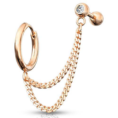 Rose Gold Cartilage Ring & Double Chained CZ Barbell Cartilage 16g 1/4" barbell & 18g 3/8" ring Rose Gold