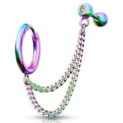 Rainbow Cartilage Ring & Double Chained CZ Barbell Cartilage 16g 1/4" barbell & 18g 3/8" ring Rainbow