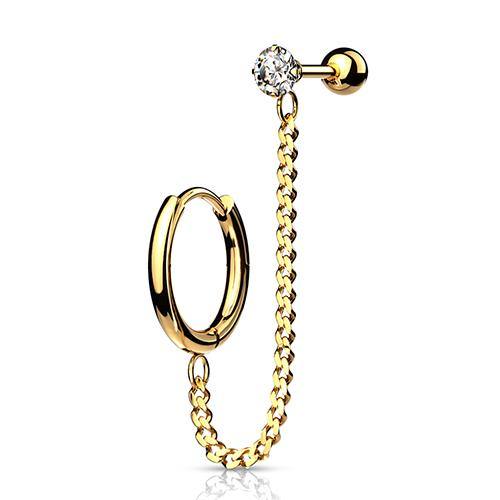 Gold Cartilage Ring & Chained CZ Barbell Cartilage 16g 1/4" barbell & 18g 3/8" ring Gold