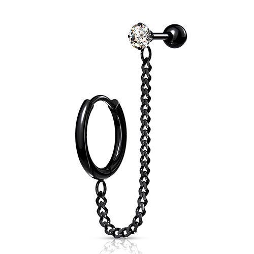 Black Cartilage Ring & Chained CZ Barbell Cartilage 16g 1/4" barbell & 18g 3/8" ring Black