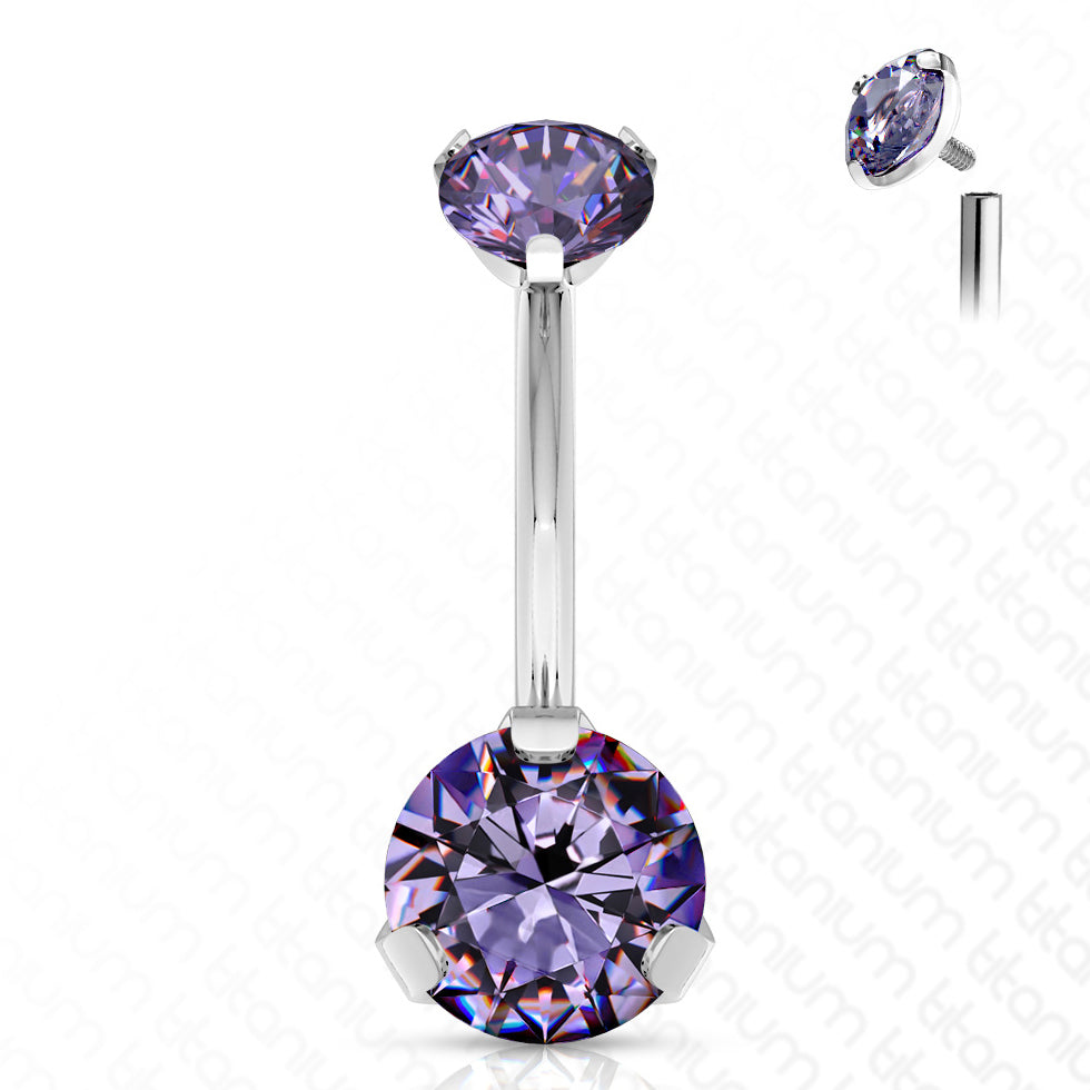 Prong CZ Titanium Belly Barbell Belly Ring 14g - 3/8" long (10mm) - 5&8mm ends Light Purple CZ