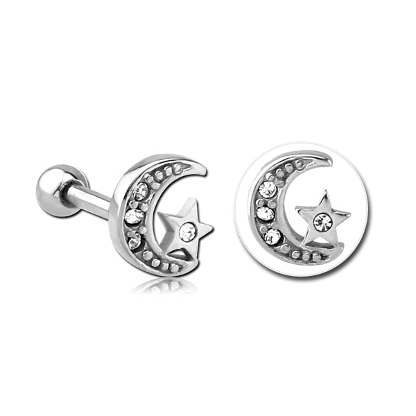 Moon & Star Stainless Cartilage Barbell Cartilage 16g - 1/4