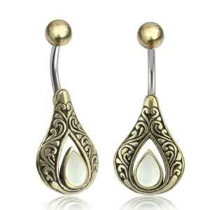 Mother of Pearl Teardrop & Brass Belly Ring Belly Ring 14g - 3/8" long (10mm) Yellow Brass