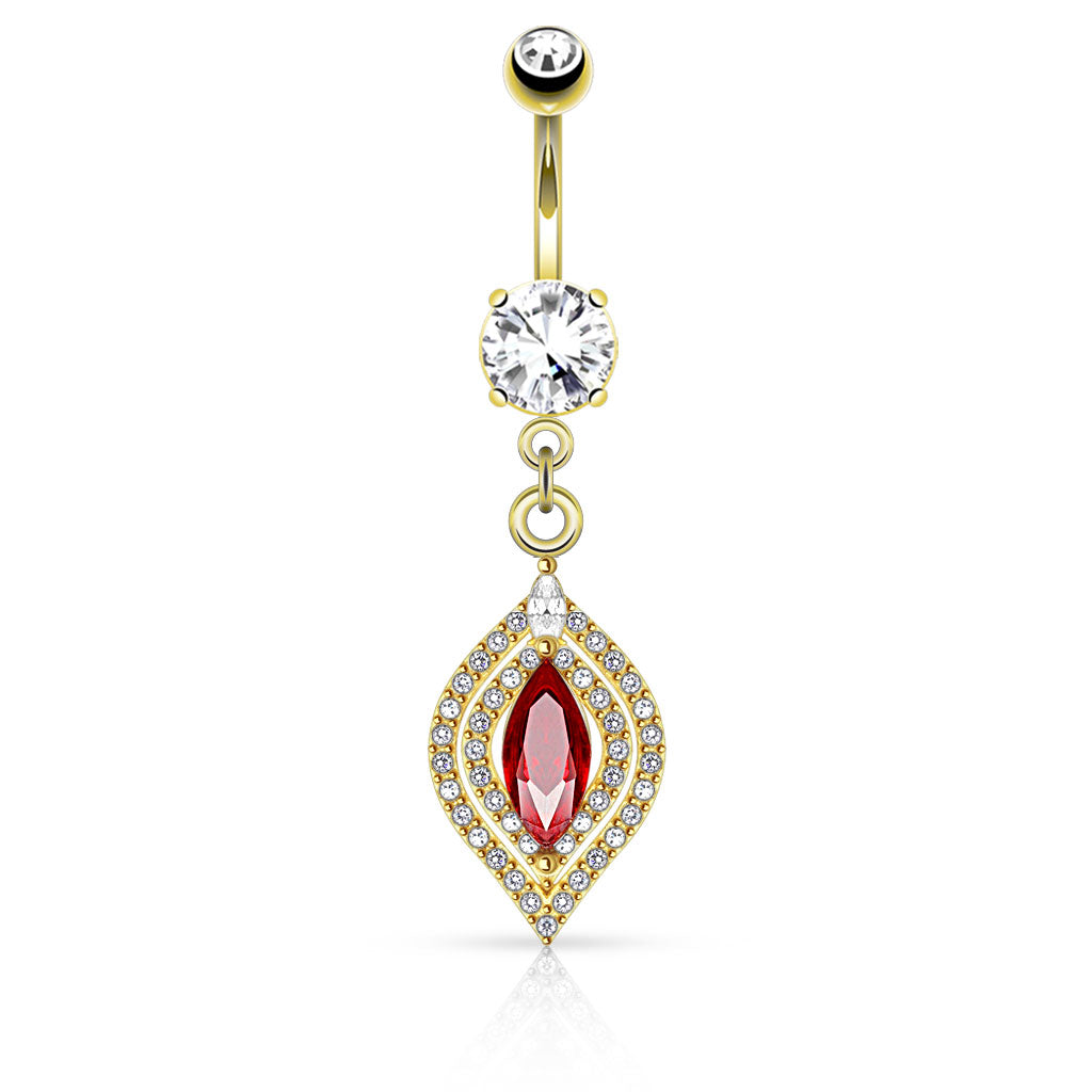 Ruby Marquise CZ Belly Dangle Belly Ring 14 gauge - 3/8" long (10mm) Gold