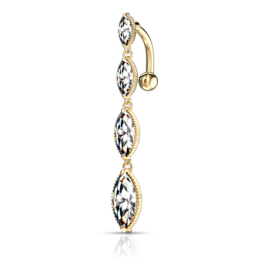 Marquise CZ Reverse Belly Dangle Belly Ring 14 gauge - 3/8" long (10mm) Gold Plated