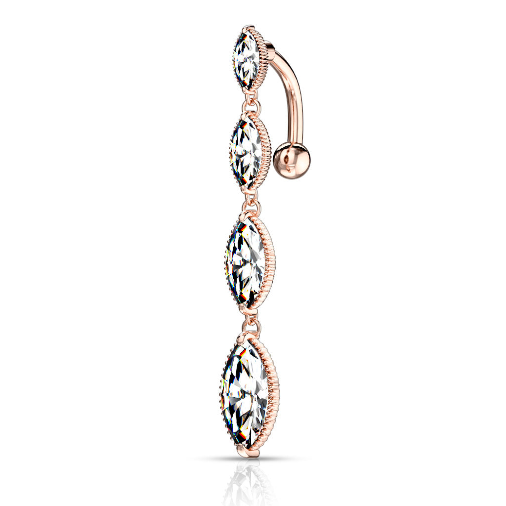 Marquise CZ Reverse Belly Dangle Belly Ring 14 gauge - 3/8" long (10mm) Rose Gold Plated