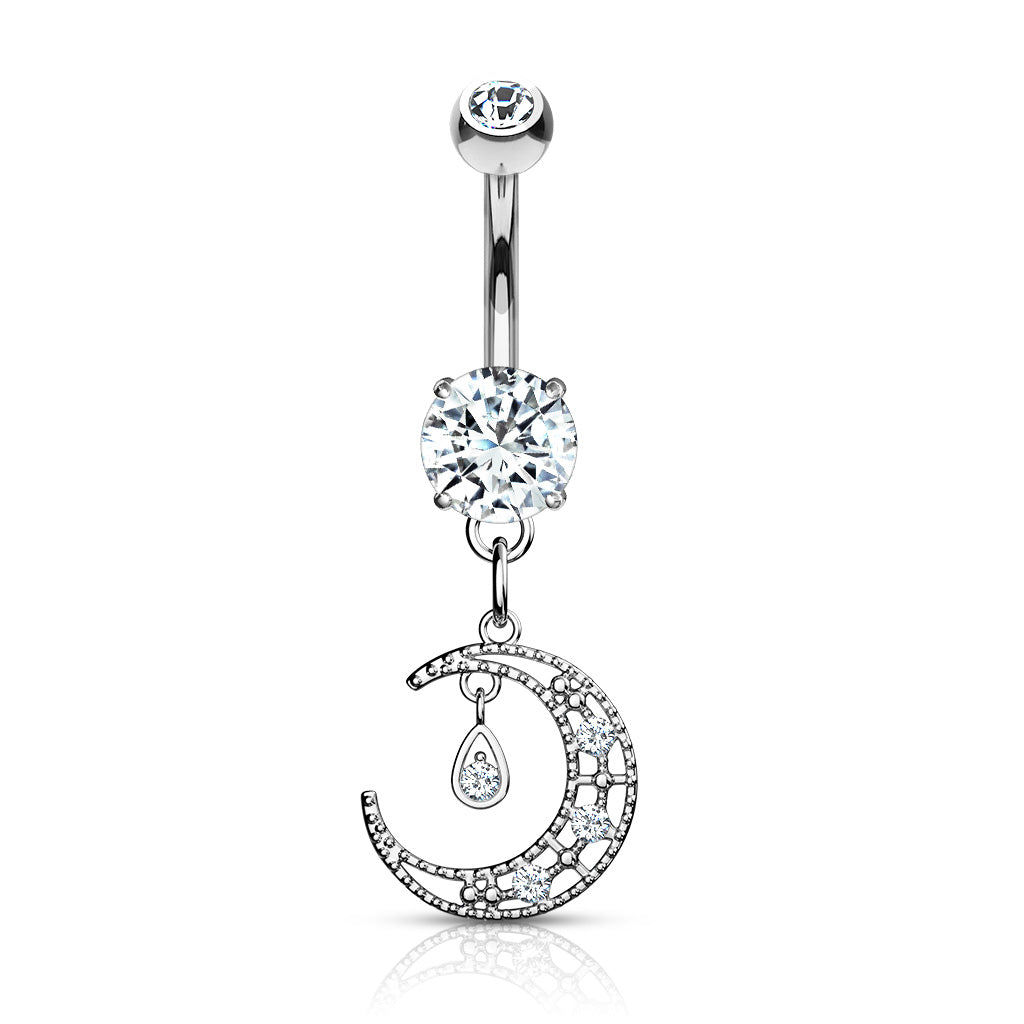 Crescent Moon CZ Belly Dangle Belly Ring 14 gauge - 3/8
