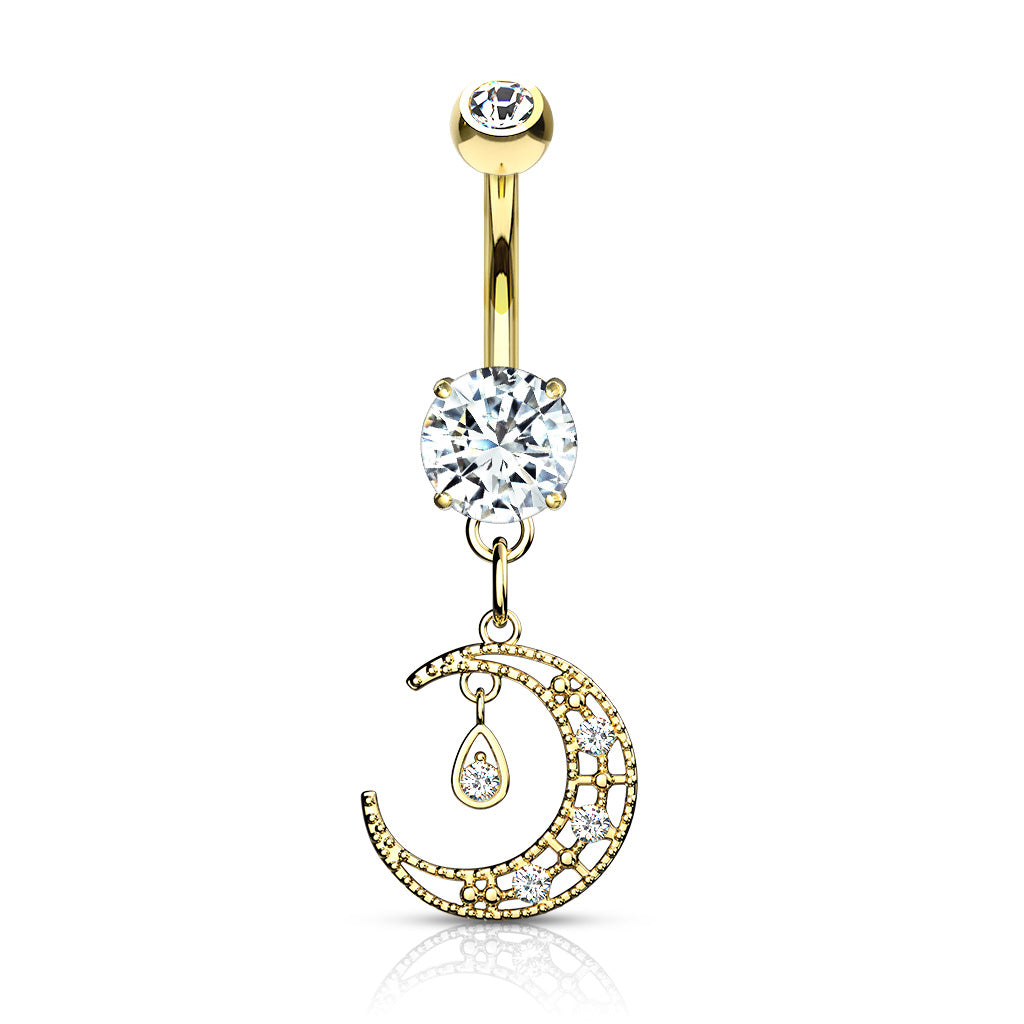Crescent Moon CZ Belly Dangle Belly Ring 14 gauge - 3/8" long (10mm) Gold