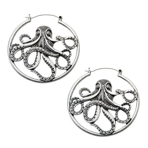 Octopus Tunnel Hoops Earrings 20 gauge Silver