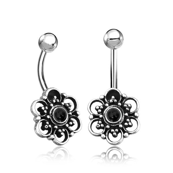 Flower Sterling Silver Belly Barbell Belly Ring 14g - 3/8