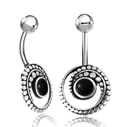 Spiral Sterling Silver Belly Barbell Belly Ring 14g - 3/8" long (10mm) Black Onyx