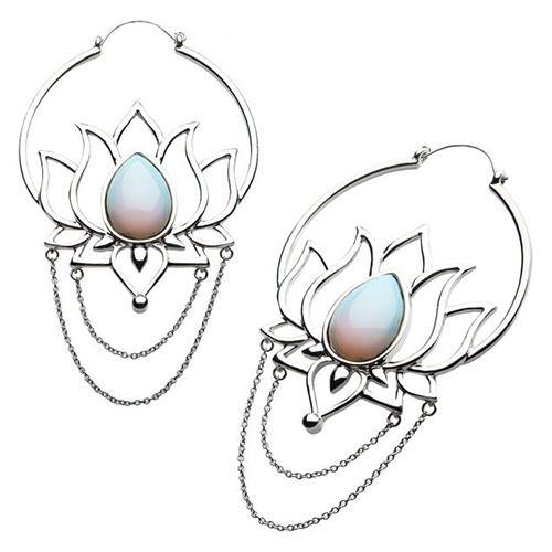 Opal Lotus Tunnel Hoops Earrings 20 gauge Silver