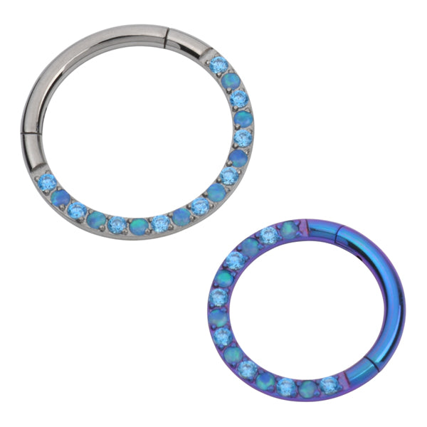 Opal & CZ Face Titanium Hinged Ring Hinged Rings 16g - 5/16" diameter (8mm) Blue Opals & Aqua CZs