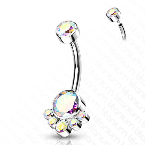Cluster CZ Titanium Belly Barbell Belly Ring 14g - 3/8" long (10mm) Opalescent CZs