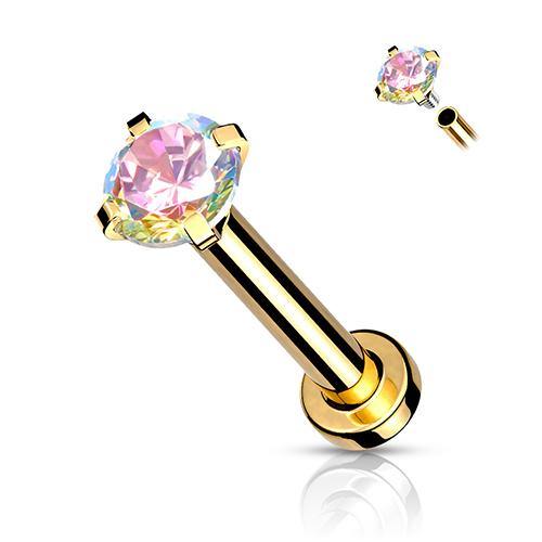 16g CZ Prong Gold Micro-Disc Labret Labrets 16g - 5/16" long (8mm) - 2mm cz Opalescent