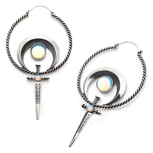 Opalite Moon Sword Tunnel Hoops Earrings 20 gauge Silver