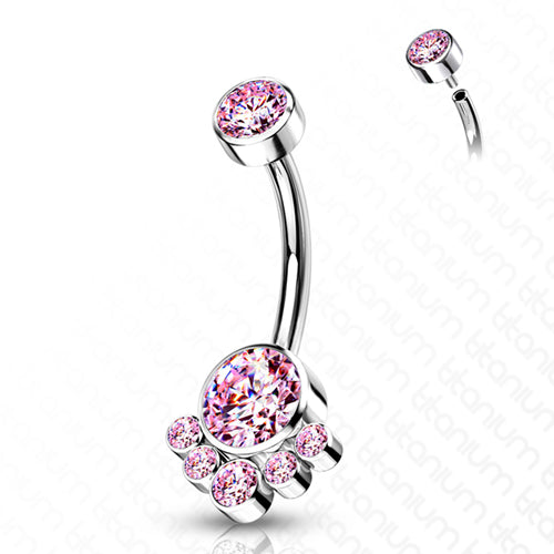 Cluster CZ Titanium Belly Barbell Belly Ring 14g - 3/8" long (10mm) Pink CZs