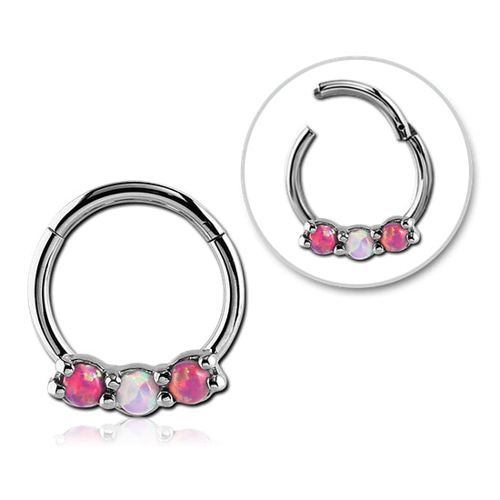 16g Stainless Pink & White Opals Hinged Ring | Tulsa Body Jewelry